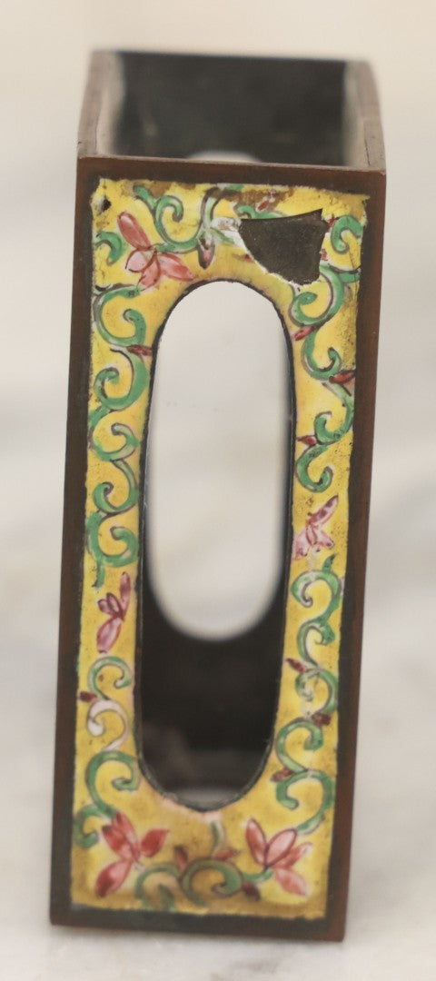 Lot 033 - Pair Of Vintage Hand Painted Metal And Porcelain Matchbox Holders, Featuring Pair Of Japanese Women In Kimonos In Various Standing Poses, Yellow Surround With Pink And Blue Flowers