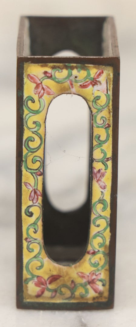 Lot 033 - Pair Of Vintage Hand Painted Metal And Porcelain Matchbox Holders, Featuring Pair Of Japanese Women In Kimonos In Various Standing Poses, Yellow Surround With Pink And Blue Flowers