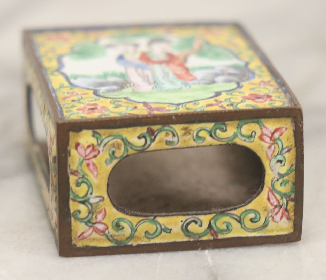 Lot 033 - Pair Of Vintage Hand Painted Metal And Porcelain Matchbox Holders, Featuring Pair Of Japanese Women In Kimonos In Various Standing Poses, Yellow Surround With Pink And Blue Flowers