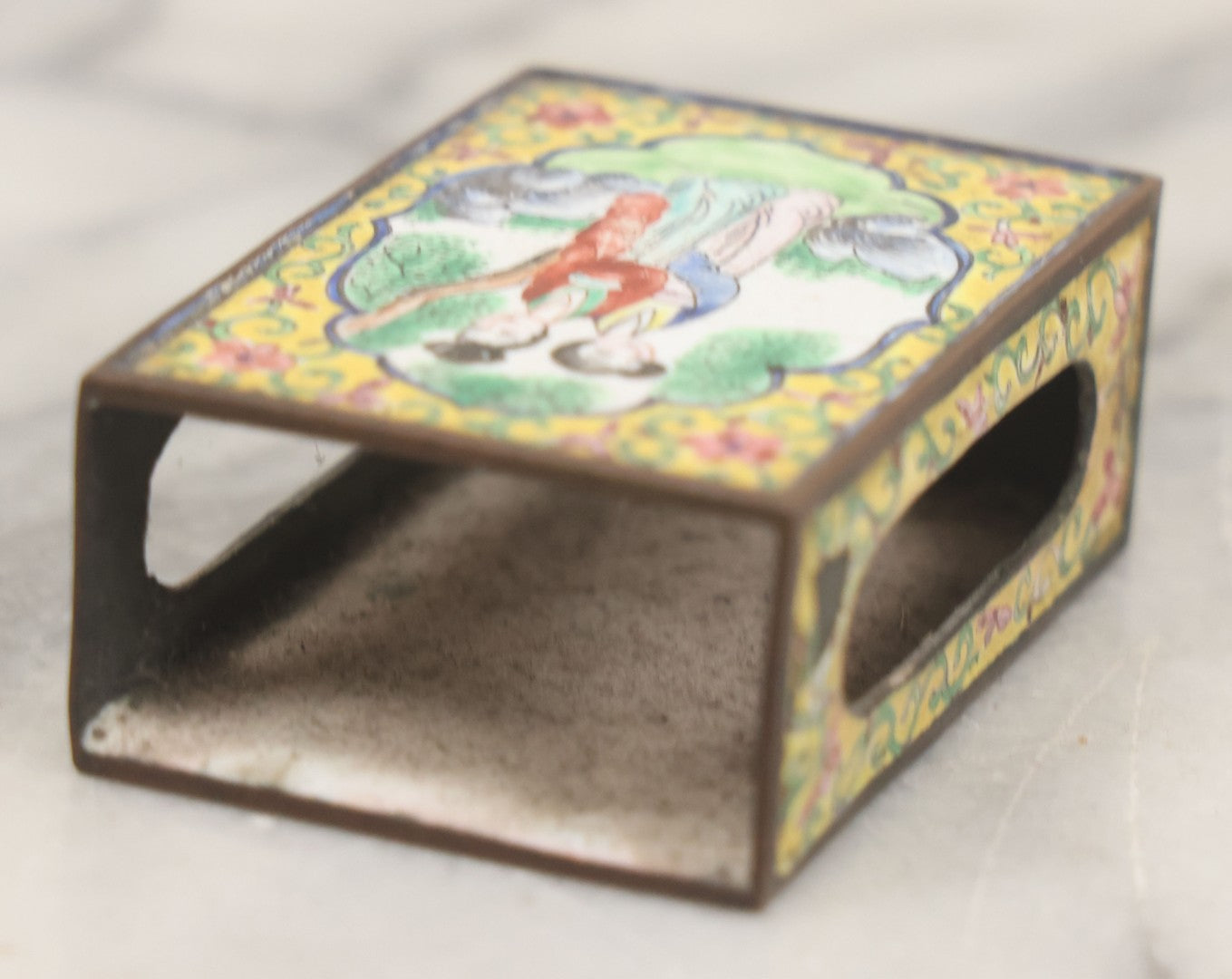 Lot 033 - Pair Of Vintage Hand Painted Metal And Porcelain Matchbox Holders, Featuring Pair Of Japanese Women In Kimonos In Various Standing Poses, Yellow Surround With Pink And Blue Flowers