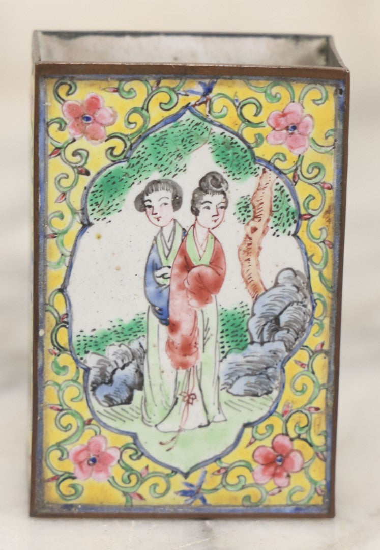 Lot 033 - Pair Of Vintage Hand Painted Metal And Porcelain Matchbox Holders, Featuring Pair Of Japanese Women In Kimonos In Various Standing Poses, Yellow Surround With Pink And Blue Flowers