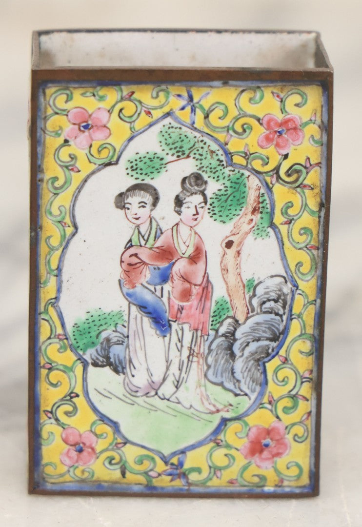 Lot 033 - Pair Of Vintage Hand Painted Metal And Porcelain Matchbox Holders, Featuring Pair Of Japanese Women In Kimonos In Various Standing Poses, Yellow Surround With Pink And Blue Flowers