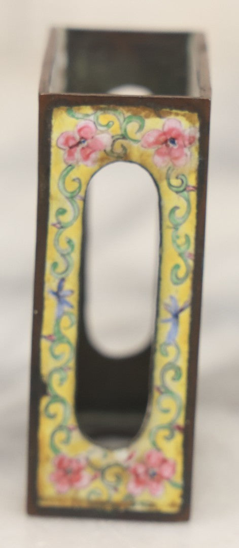 Lot 033 - Pair Of Vintage Hand Painted Metal And Porcelain Matchbox Holders, Featuring Pair Of Japanese Women In Kimonos In Various Standing Poses, Yellow Surround With Pink And Blue Flowers
