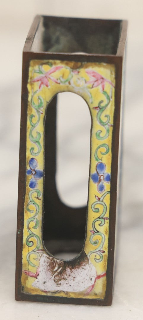 Lot 033 - Pair Of Vintage Hand Painted Metal And Porcelain Matchbox Holders, Featuring Pair Of Japanese Women In Kimonos In Various Standing Poses, Yellow Surround With Pink And Blue Flowers