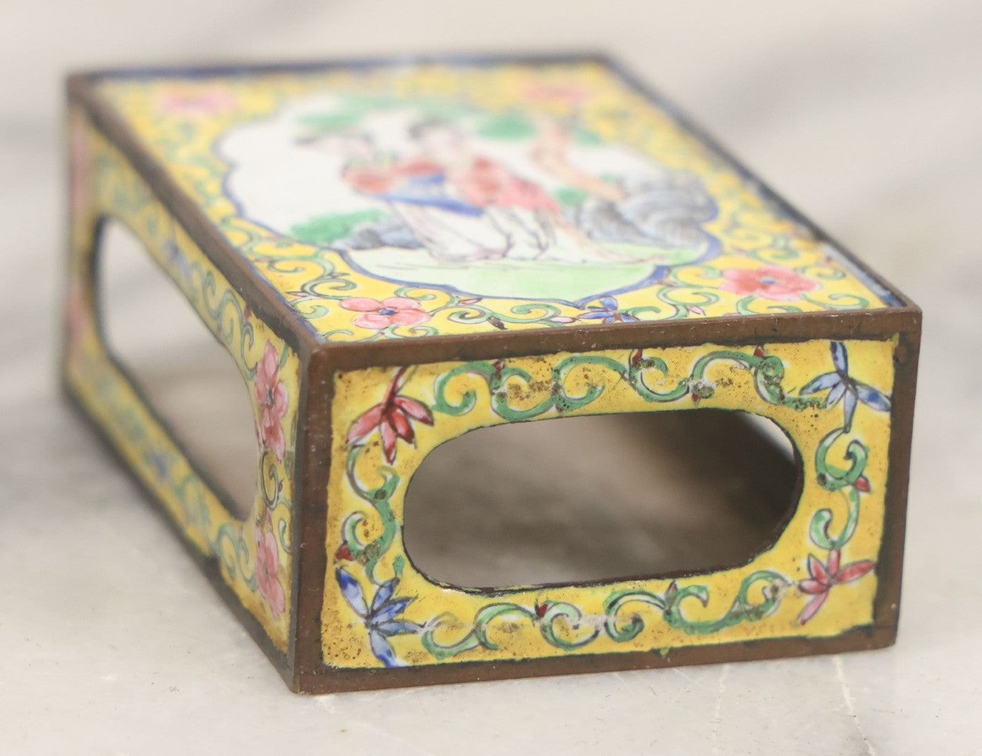 Lot 033 - Pair Of Vintage Hand Painted Metal And Porcelain Matchbox Holders, Featuring Pair Of Japanese Women In Kimonos In Various Standing Poses, Yellow Surround With Pink And Blue Flowers