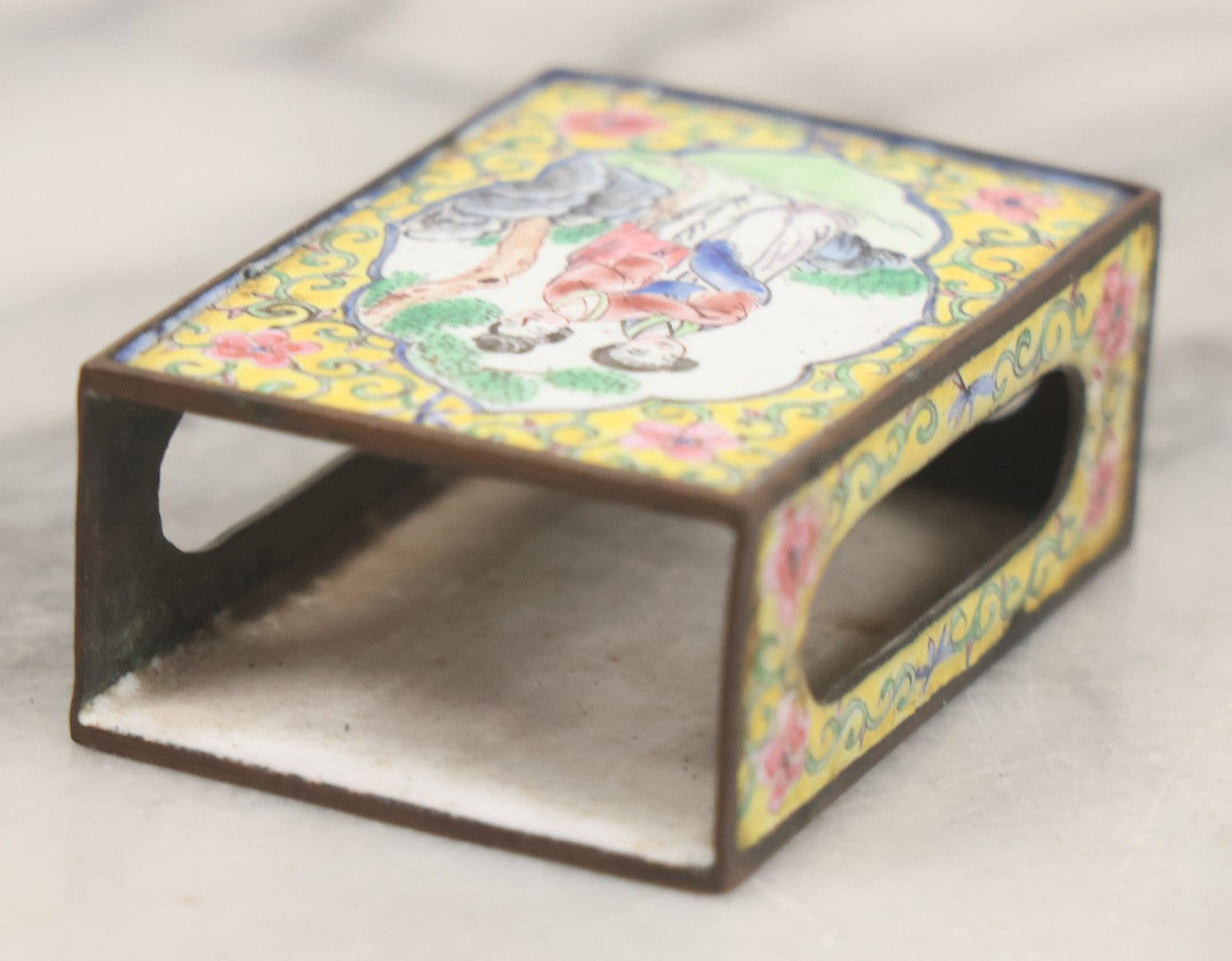 Lot 033 - Pair Of Vintage Hand Painted Metal And Porcelain Matchbox Holders, Featuring Pair Of Japanese Women In Kimonos In Various Standing Poses, Yellow Surround With Pink And Blue Flowers