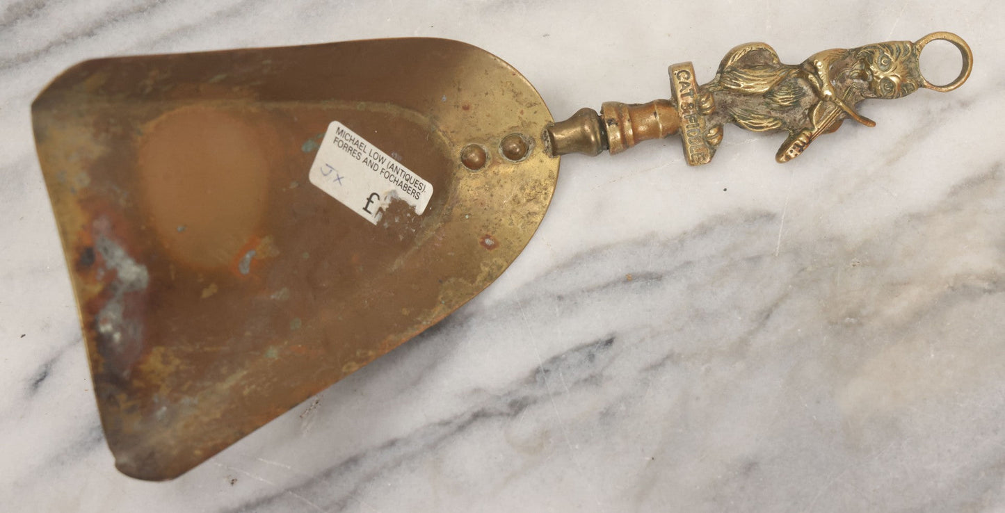 Lot 034 - Antique European Brass Ash Tray And Brush With Cat And The Fiddle Nursery Rhyme Theme Motif, Woman At Sewing Wheel, Bearing Labels From Michael Lowe Antiques, Forres And Fochabers, Scotland