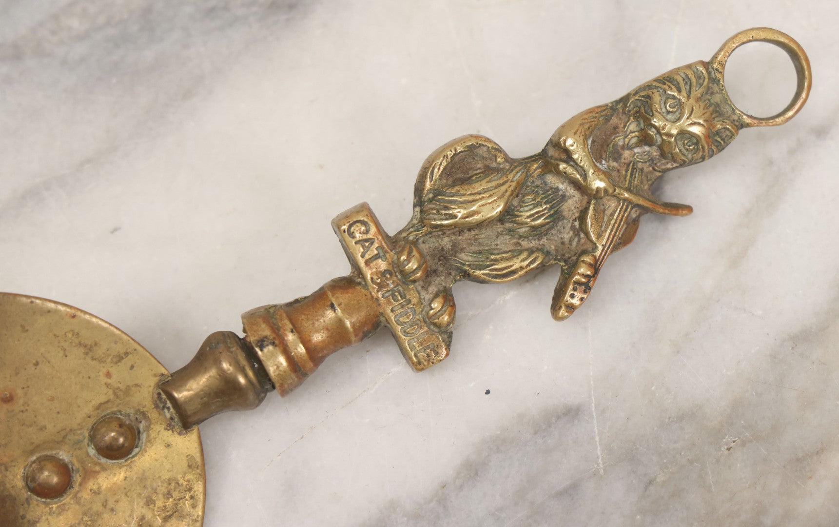 Lot 034 - Antique European Brass Ash Tray And Brush With Cat And The Fiddle Nursery Rhyme Theme Motif, Woman At Sewing Wheel, Bearing Labels From Michael Lowe Antiques, Forres And Fochabers, Scotland