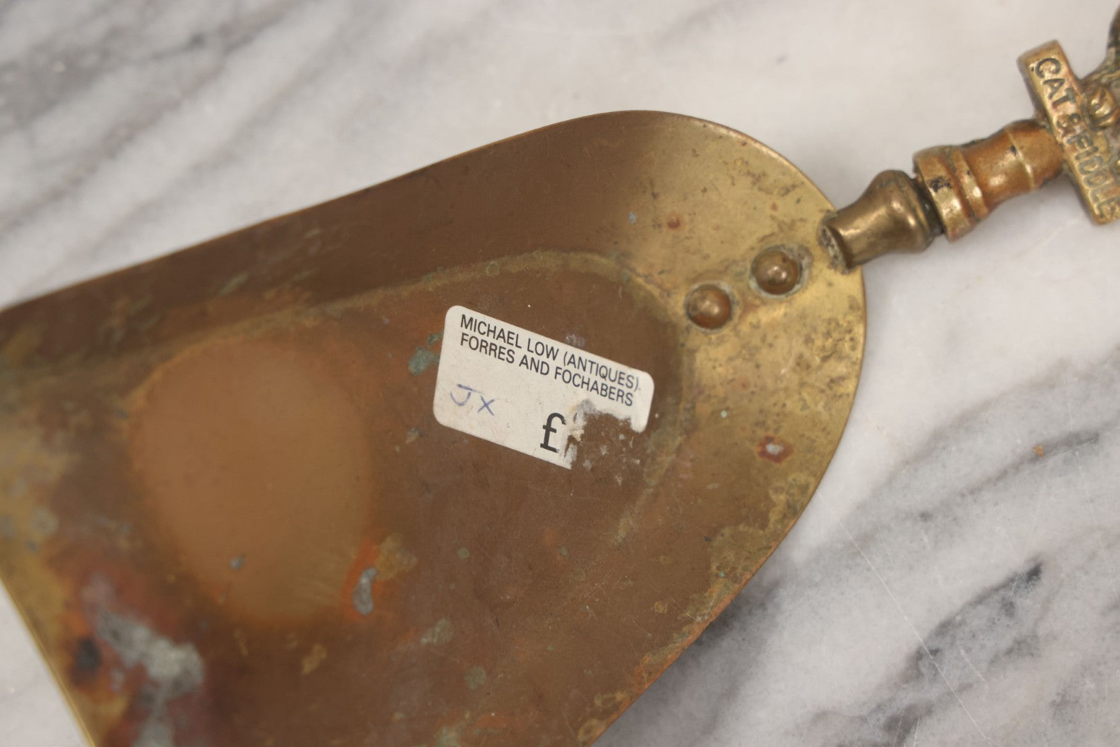 Lot 034 - Antique European Brass Ash Tray And Brush With Cat And The Fiddle Nursery Rhyme Theme Motif, Woman At Sewing Wheel, Bearing Labels From Michael Lowe Antiques, Forres And Fochabers, Scotland