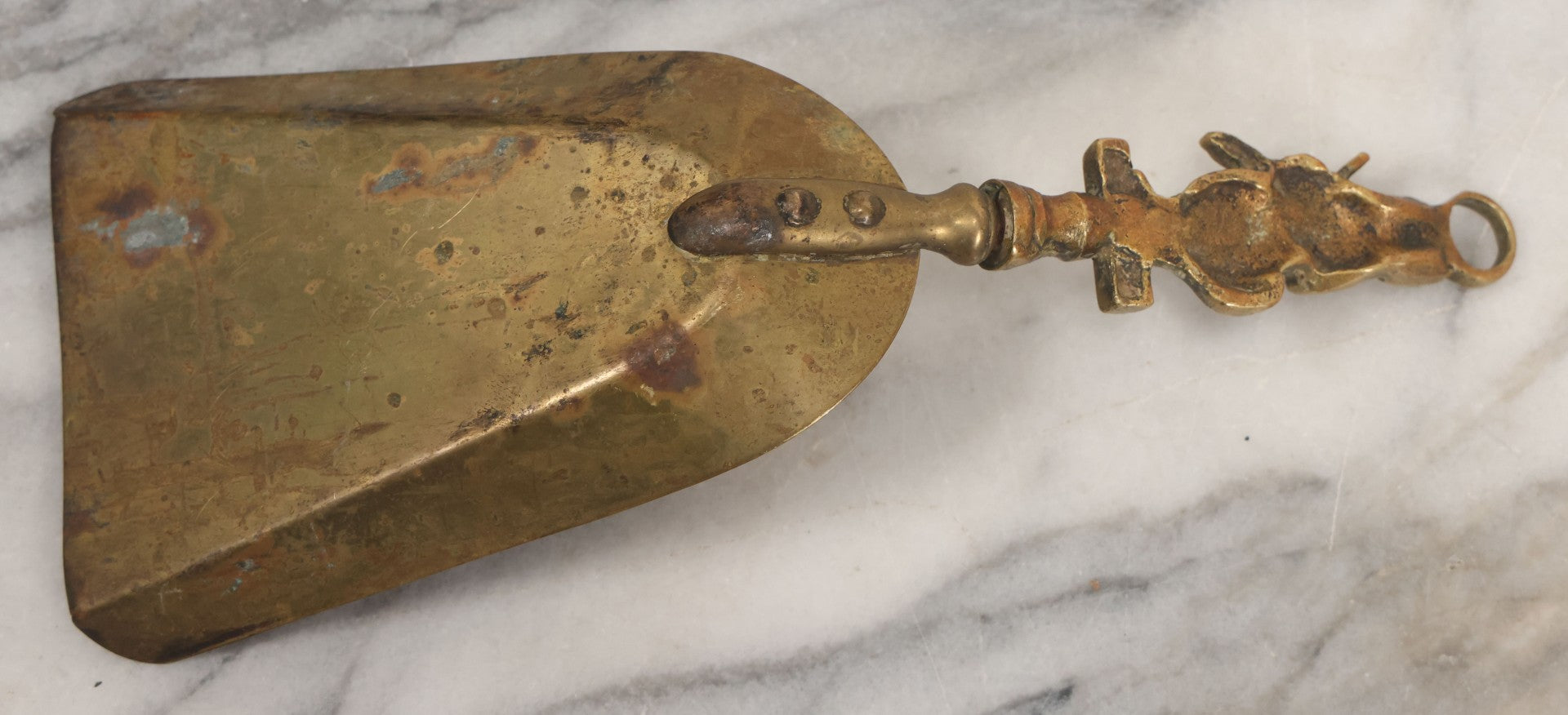 Lot 034 - Antique European Brass Ash Tray And Brush With Cat And The Fiddle Nursery Rhyme Theme Motif, Woman At Sewing Wheel, Bearing Labels From Michael Lowe Antiques, Forres And Fochabers, Scotland