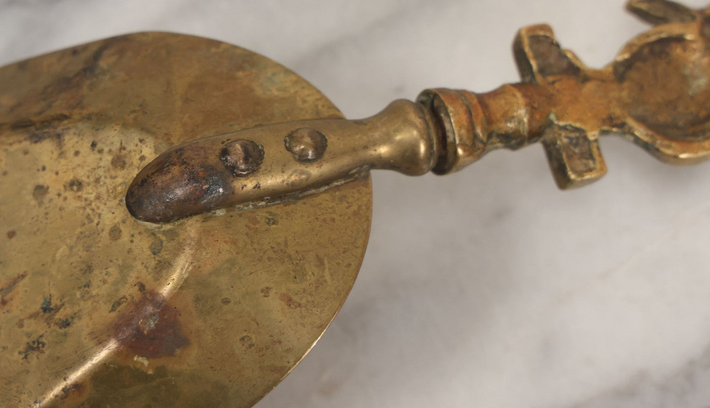 Lot 034 - Antique European Brass Ash Tray And Brush With Cat And The Fiddle Nursery Rhyme Theme Motif, Woman At Sewing Wheel, Bearing Labels From Michael Lowe Antiques, Forres And Fochabers, Scotland