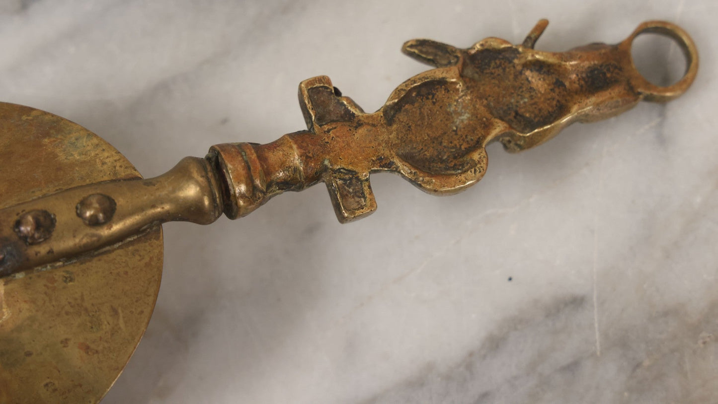 Lot 034 - Antique European Brass Ash Tray And Brush With Cat And The Fiddle Nursery Rhyme Theme Motif, Woman At Sewing Wheel, Bearing Labels From Michael Lowe Antiques, Forres And Fochabers, Scotland