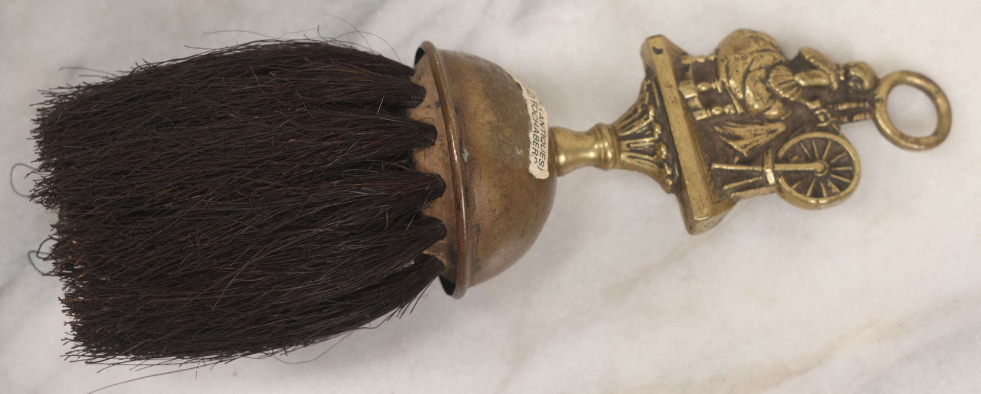 Lot 034 - Antique European Brass Ash Tray And Brush With Cat And The Fiddle Nursery Rhyme Theme Motif, Woman At Sewing Wheel, Bearing Labels From Michael Lowe Antiques, Forres And Fochabers, Scotland