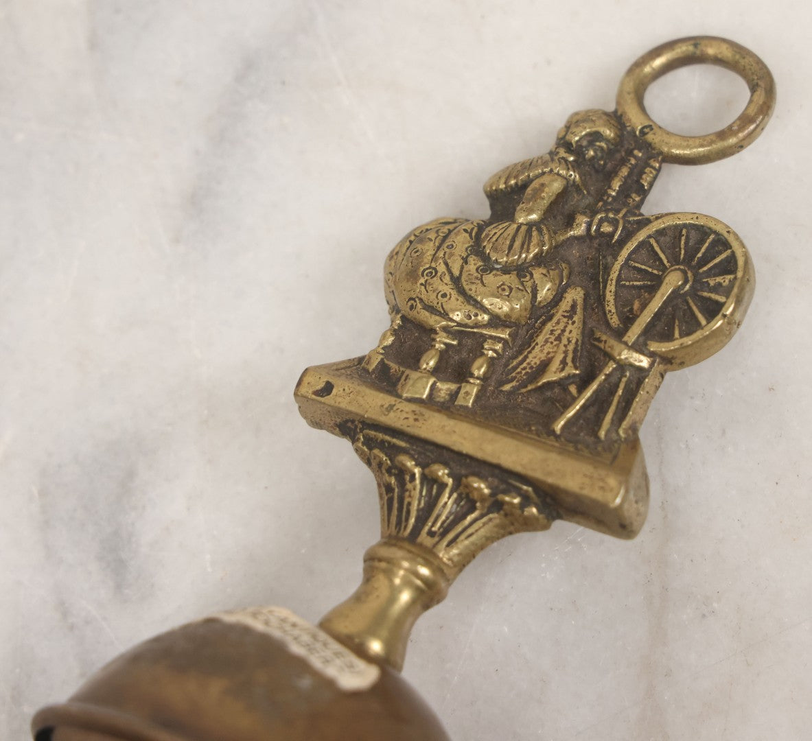 Lot 034 - Antique European Brass Ash Tray And Brush With Cat And The Fiddle Nursery Rhyme Theme Motif, Woman At Sewing Wheel, Bearing Labels From Michael Lowe Antiques, Forres And Fochabers, Scotland