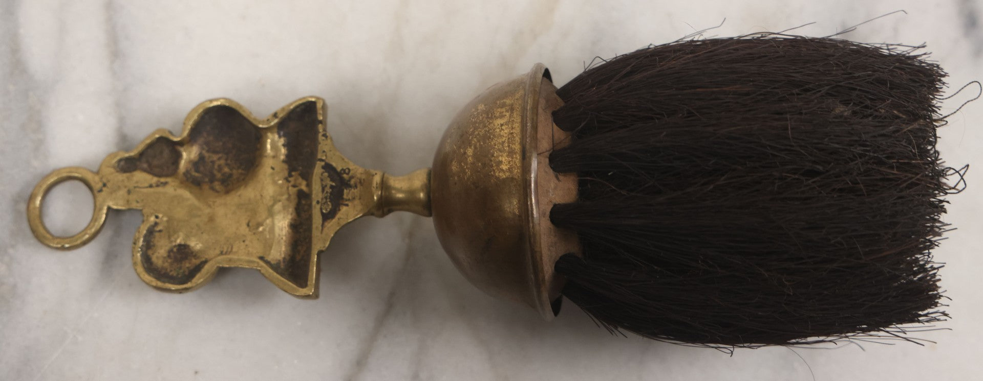 Lot 034 - Antique European Brass Ash Tray And Brush With Cat And The Fiddle Nursery Rhyme Theme Motif, Woman At Sewing Wheel, Bearing Labels From Michael Lowe Antiques, Forres And Fochabers, Scotland