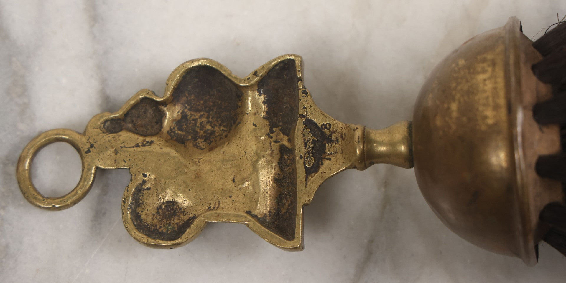 Lot 034 - Antique European Brass Ash Tray And Brush With Cat And The Fiddle Nursery Rhyme Theme Motif, Woman At Sewing Wheel, Bearing Labels From Michael Lowe Antiques, Forres And Fochabers, Scotland