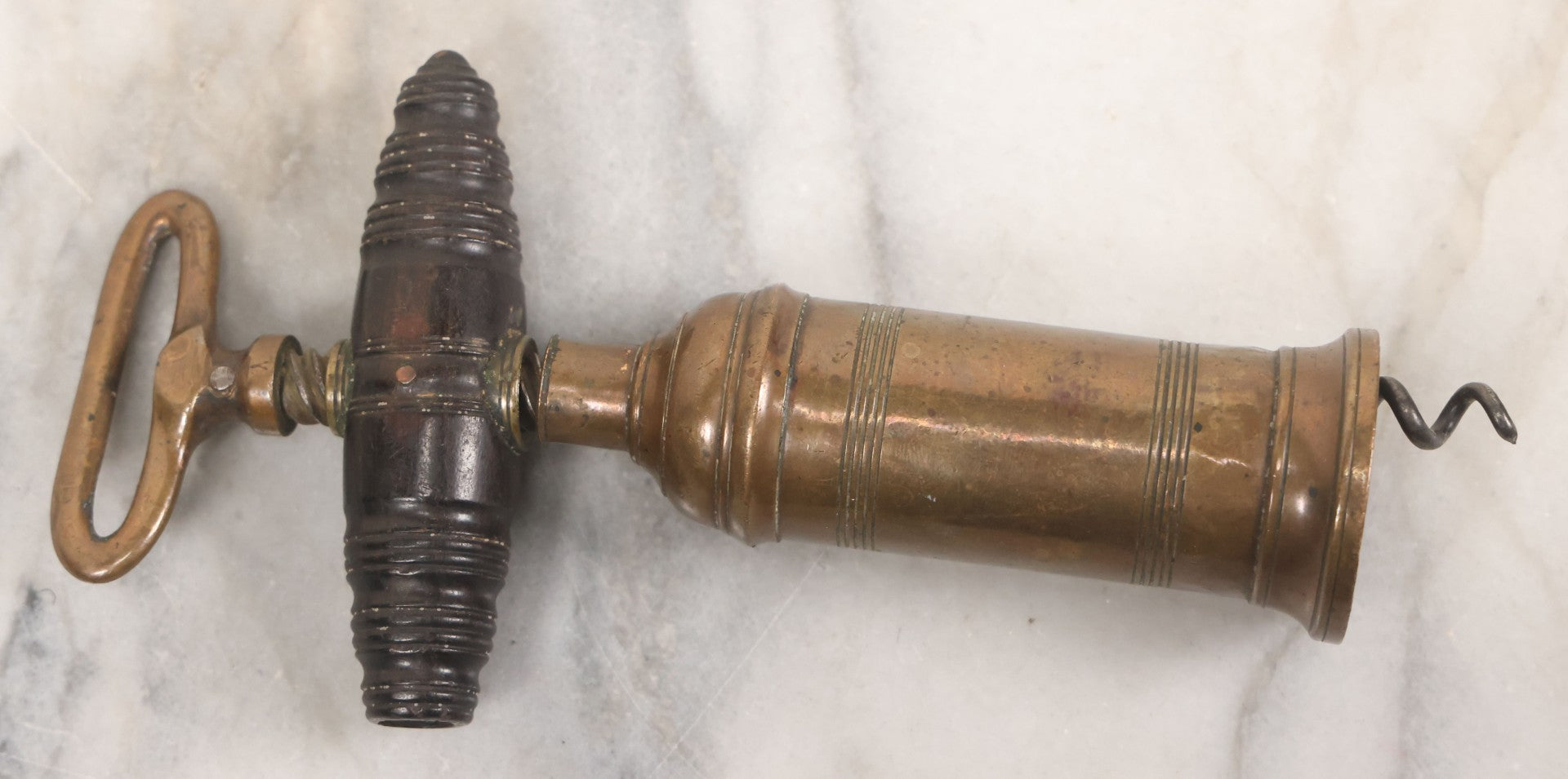 Lot 035 - Antique Handmade Brass Wine Corkscrew Bottle Opener With Turned Wooden Handle, Original Patina, 9-1/8" Length