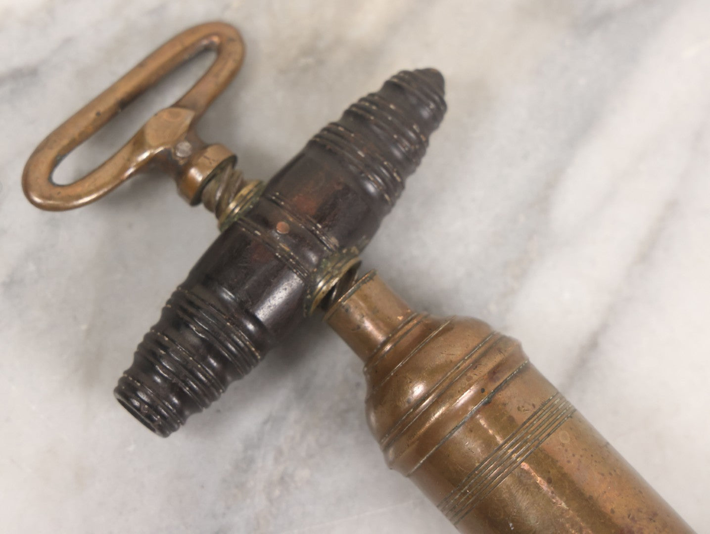 Lot 035 - Antique Handmade Brass Wine Corkscrew Bottle Opener With Turned Wooden Handle, Original Patina, 9-1/8" Length