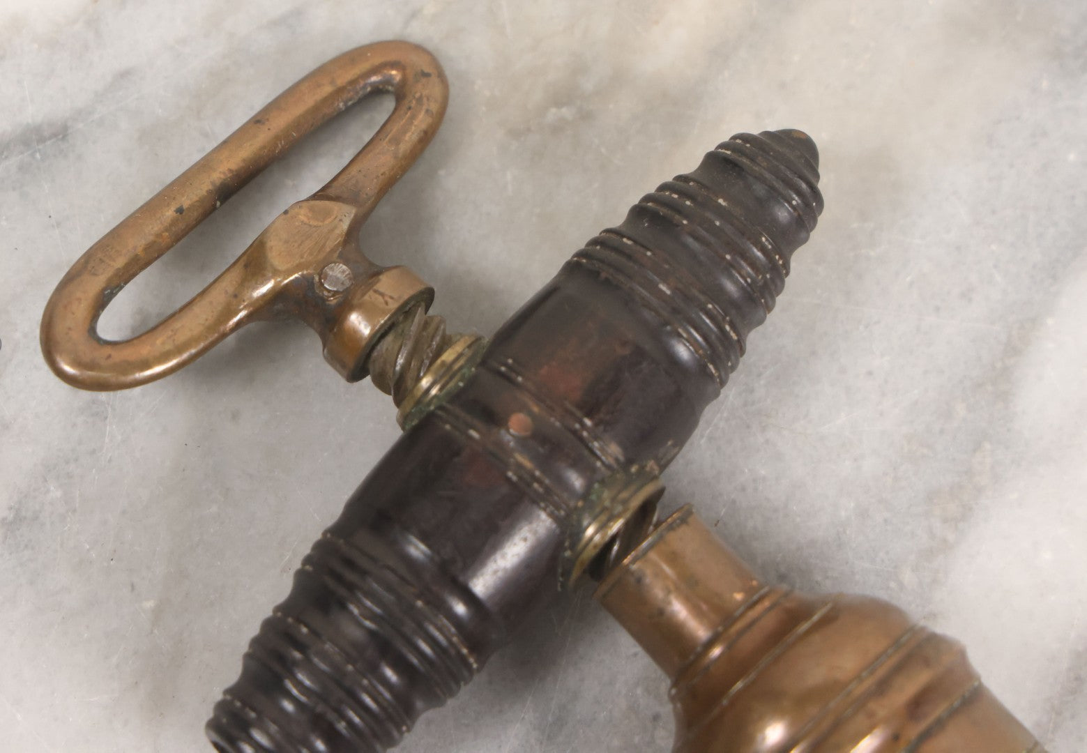 Lot 035 - Antique Handmade Brass Wine Corkscrew Bottle Opener With Turned Wooden Handle, Original Patina, 9-1/8" Length