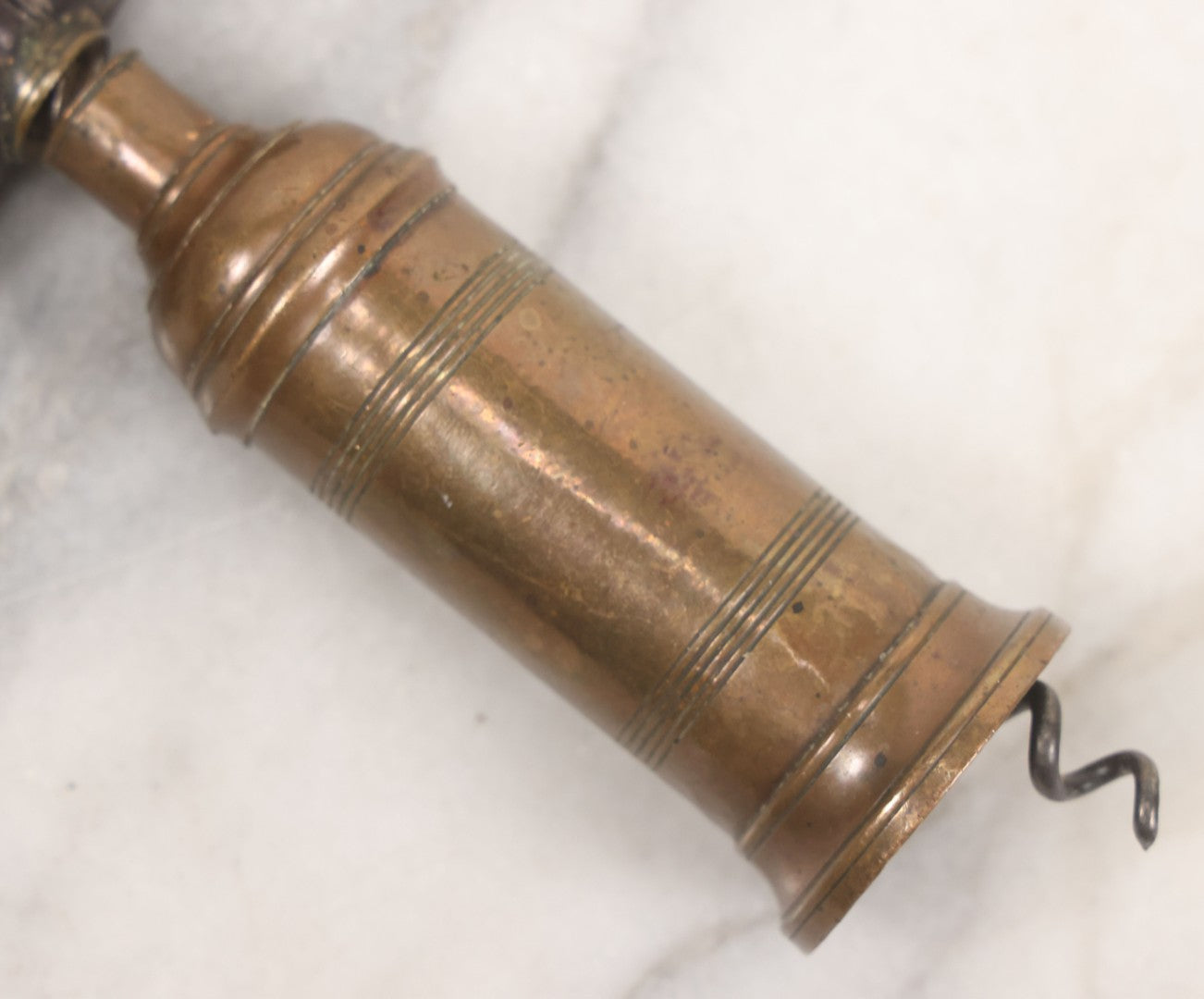 Lot 035 - Antique Handmade Brass Wine Corkscrew Bottle Opener With Turned Wooden Handle, Original Patina, 9-1/8" Length