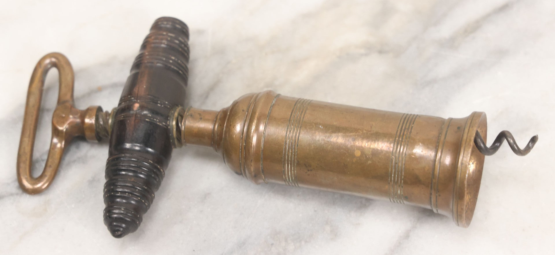 Lot 035 - Antique Handmade Brass Wine Corkscrew Bottle Opener With Turned Wooden Handle, Original Patina, 9-1/8" Length