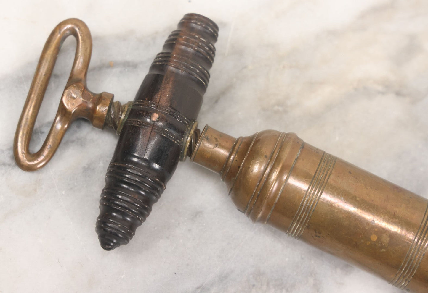 Lot 035 - Antique Handmade Brass Wine Corkscrew Bottle Opener With Turned Wooden Handle, Original Patina, 9-1/8" Length