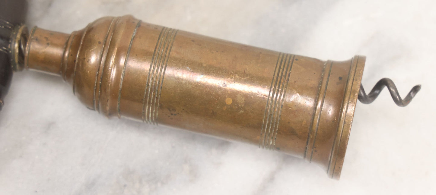 Lot 035 - Antique Handmade Brass Wine Corkscrew Bottle Opener With Turned Wooden Handle, Original Patina, 9-1/8" Length