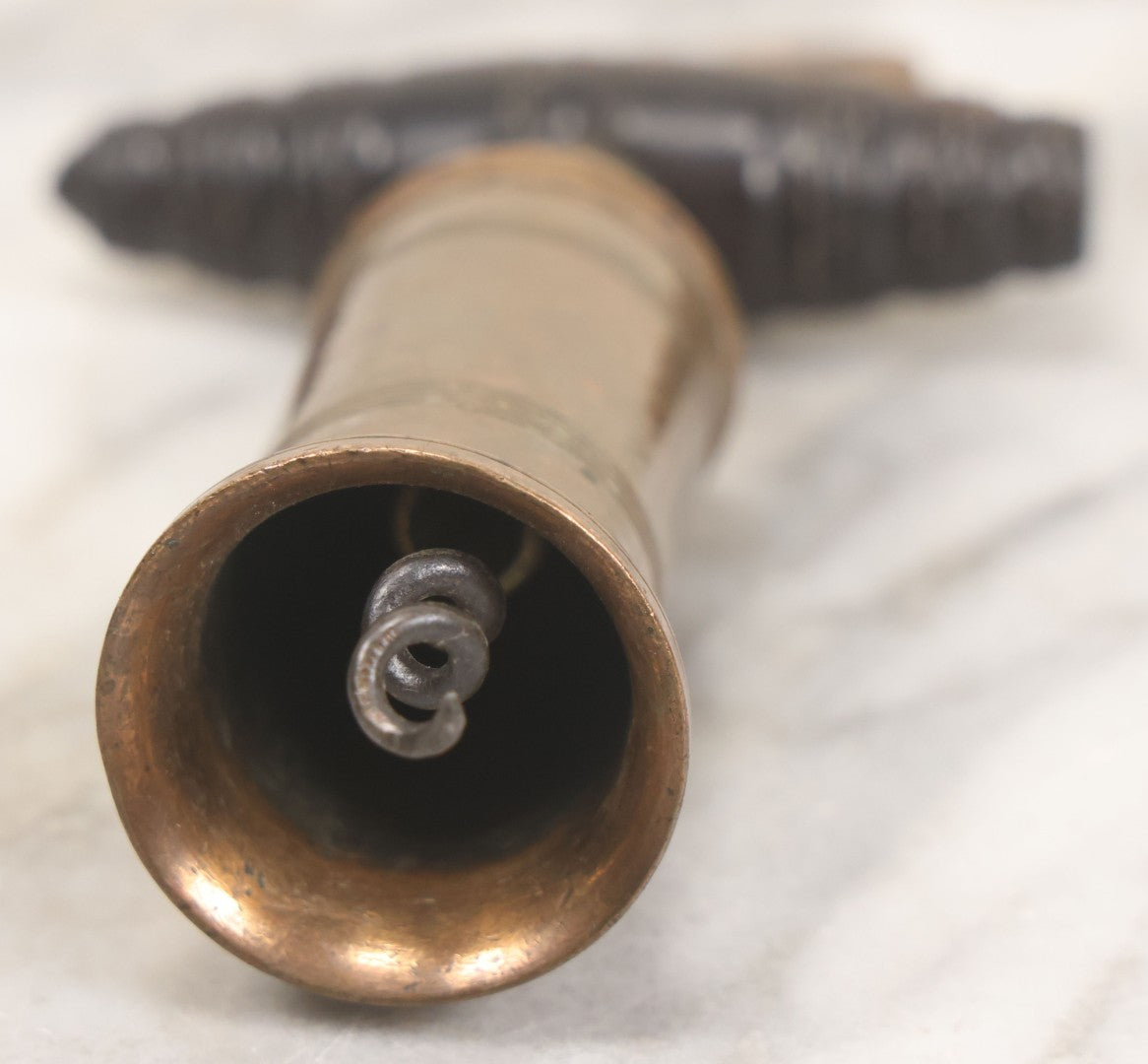 Lot 035 - Antique Handmade Brass Wine Corkscrew Bottle Opener With Turned Wooden Handle, Original Patina, 9-1/8" Length