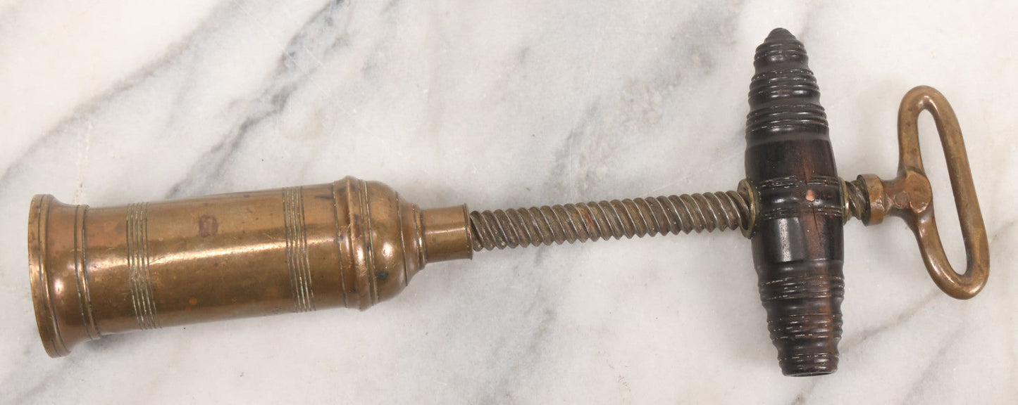 Lot 035 - Antique Handmade Brass Wine Corkscrew Bottle Opener With Turned Wooden Handle, Original Patina, 9-1/8" Length