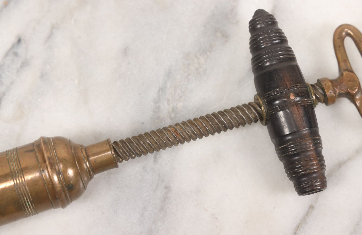 Lot 035 - Antique Handmade Brass Wine Corkscrew Bottle Opener With Turned Wooden Handle, Original Patina, 9-1/8" Length