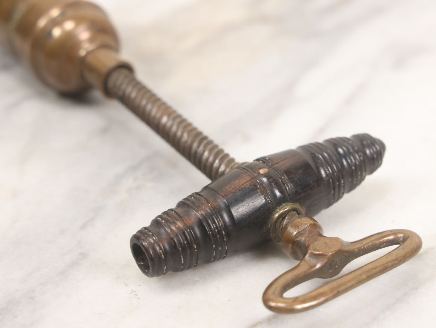 Lot 035 - Antique Handmade Brass Wine Corkscrew Bottle Opener With Turned Wooden Handle, Original Patina, 9-1/8" Length