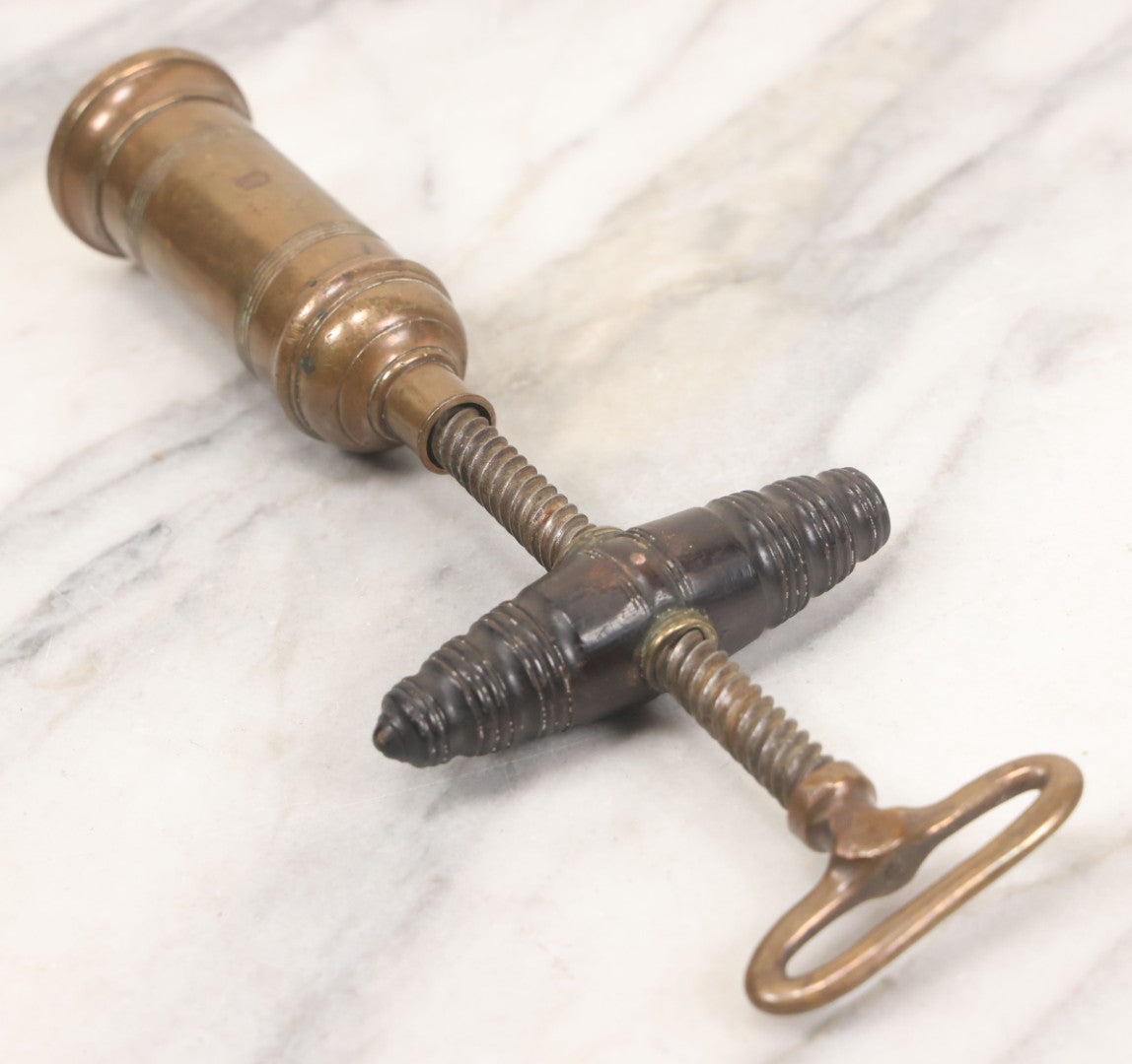 Lot 035 - Antique Handmade Brass Wine Corkscrew Bottle Opener With Turned Wooden Handle, Original Patina, 9-1/8" Length