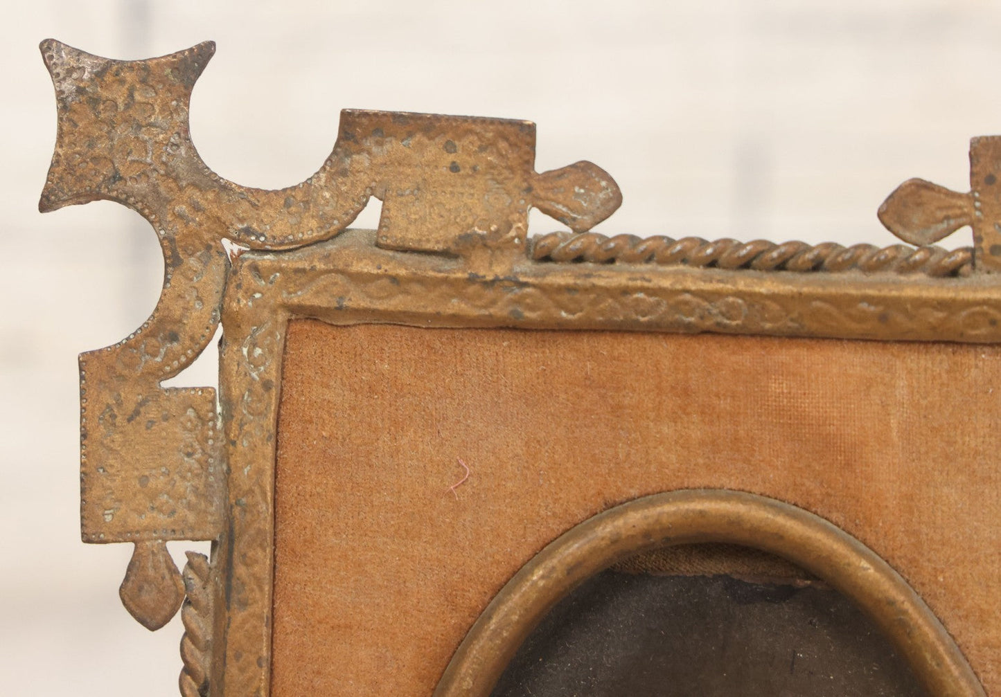 Lot 038 - Antique Cut Brass Frame Tintype Photo Frame With Orange Velvet Surround, Including Tintype Of Two Women And Man, As Found, With Wire Kick Stand, 5-5/8" x 7"