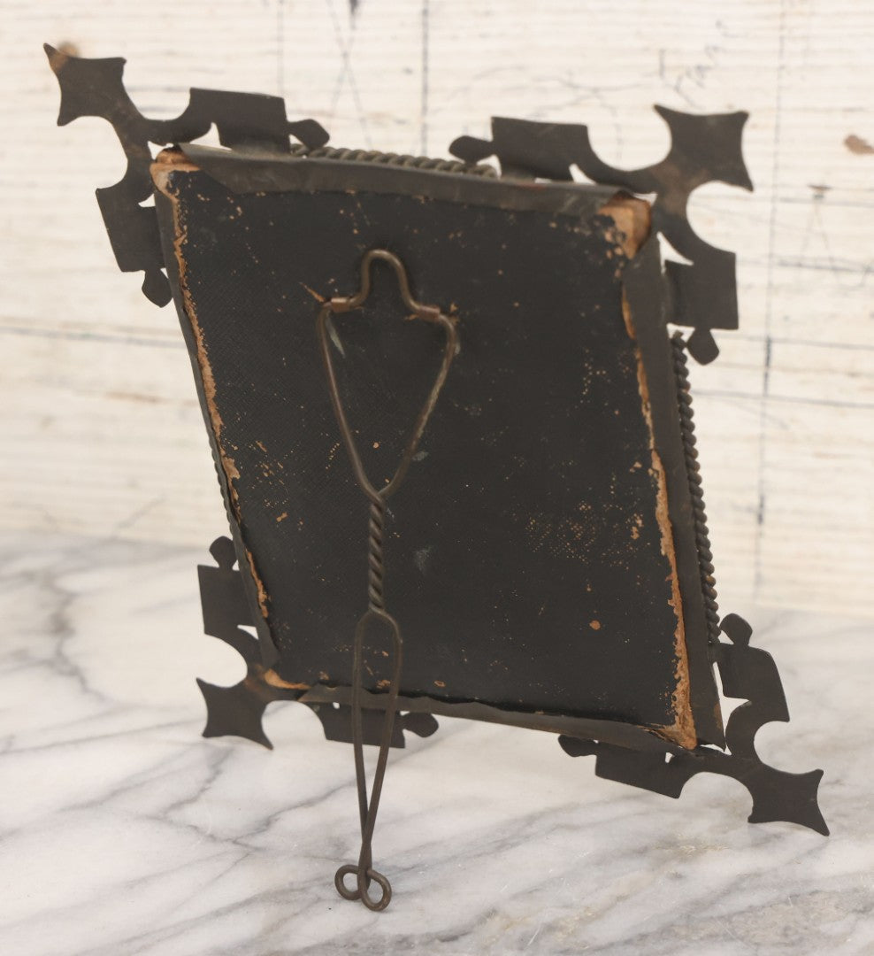 Lot 038 - Antique Cut Brass Frame Tintype Photo Frame With Orange Velvet Surround, Including Tintype Of Two Women And Man, As Found, With Wire Kick Stand, 5-5/8" x 7"