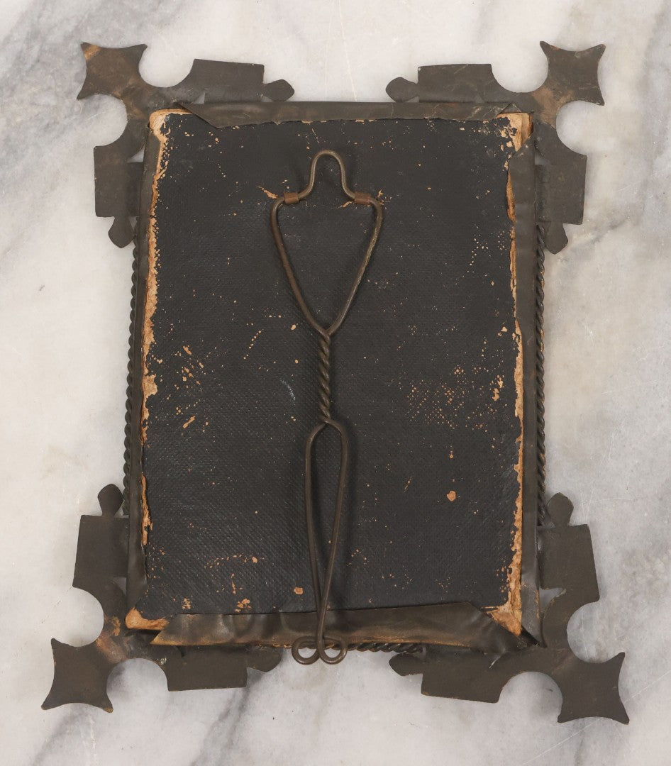 Lot 038 - Antique Cut Brass Frame Tintype Photo Frame With Orange Velvet Surround, Including Tintype Of Two Women And Man, As Found, With Wire Kick Stand, 5-5/8" x 7"