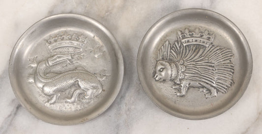 Lot 039 - Pair Of Vintage French Pewter Trinket Dish Cup Plates With Coat Of Arms Including Porcupine Of King Louis Xii And Salamander Of Francis I, Marked "Étain Fin" ("Fine Pewter"), 3-5/8" Diameter