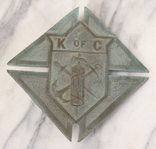 Lot 042 - Vintage Cast Bronze Knights Of Columbus "K Of C" Grave Marker Plaque With Sword, Anchor, And Battle Axe Motif, Original Patina