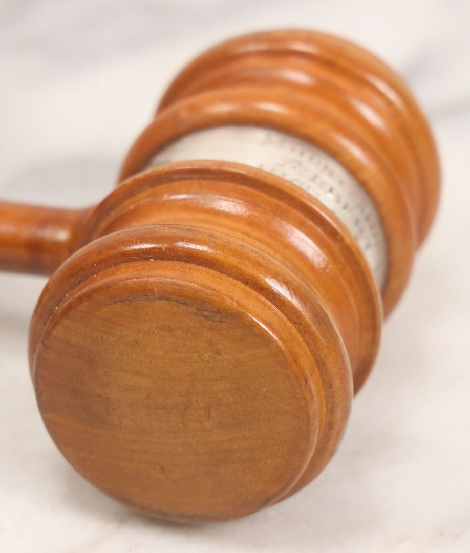 Lot 043 - Vintage Tiger Maple Masonic Gavel Hammer With Engraved Badge, "Mount Moriah A.F. & A.M., Albert K. Courmier, 1945, Master, 1946"