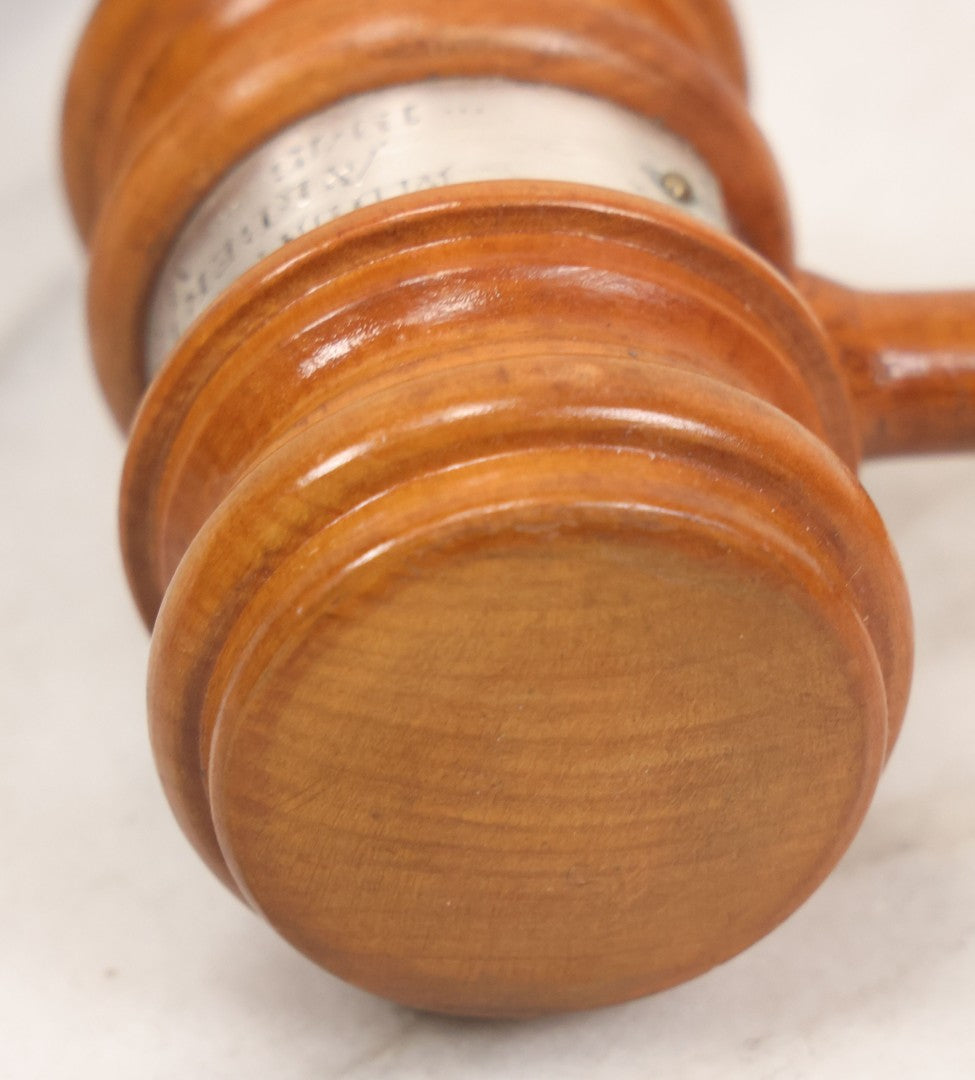 Lot 043 - Vintage Tiger Maple Masonic Gavel Hammer With Engraved Badge, "Mount Moriah A.F. & A.M., Albert K. Courmier, 1945, Master, 1946"