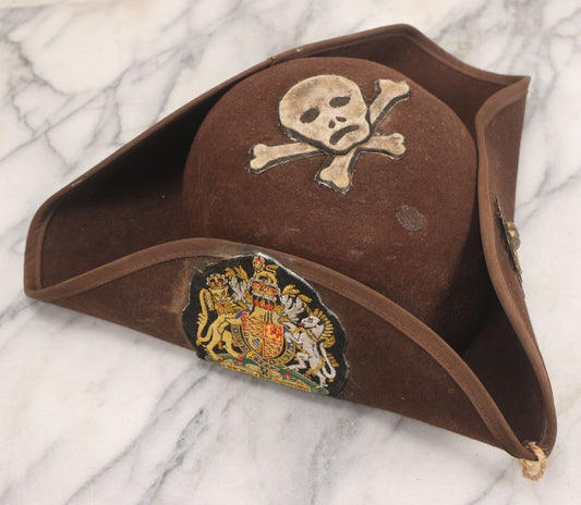 Lot 044 - Vintage Tricorne Costume Pirate Hat With Skull And Crossbones Patch, Other Adornments, Made By Haentze Theatrical Hat Co., Philadelphia, Size 7-1/2