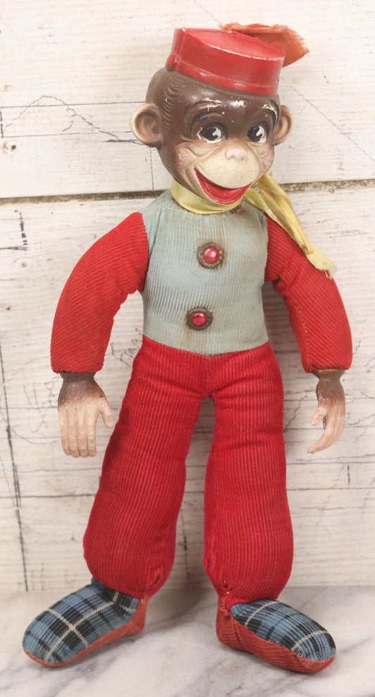 Lot 045 - Vintage Monkey Organ Grinder Toy Stuffed Animal Carnival Prize With Plastic Head And Hands, Corduroy Body, Likely Made In Japan, 12" Height