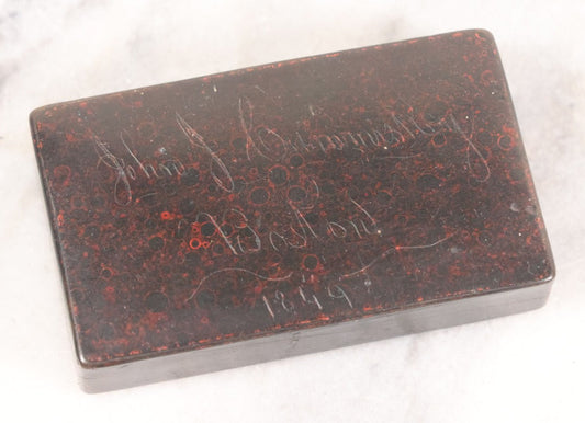 Lot 049 - Antique Papier Mache Snuff Dresser Box With Red Painted Texture, Engraved "John J. Cumminskey, Boston, 1849" And "November 27, 1851"