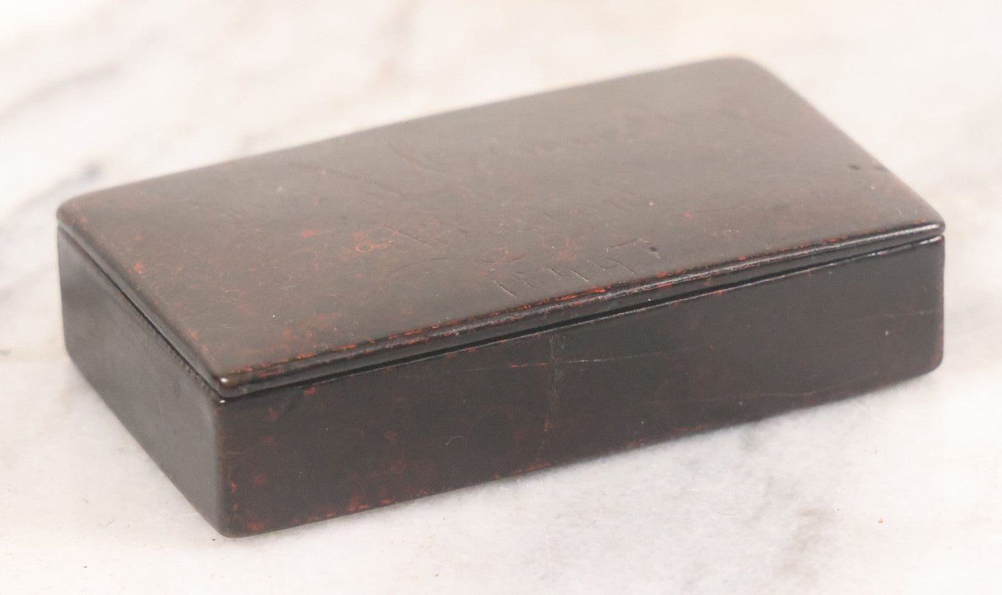 Lot 049 - Antique Papier Mache Snuff Dresser Box With Red Painted Texture, Engraved "John J. Cumminskey, Boston, 1849" And "November 27, 1851"