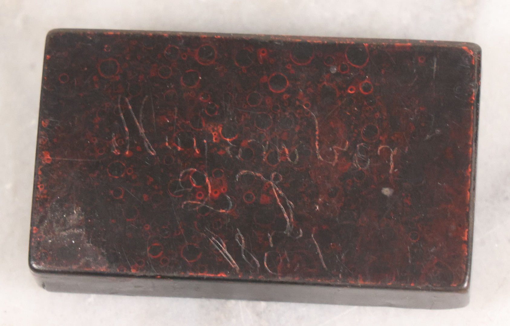 Lot 049 - Antique Papier Mache Snuff Dresser Box With Red Painted Texture, Engraved "John J. Cumminskey, Boston, 1849" And "November 27, 1851"