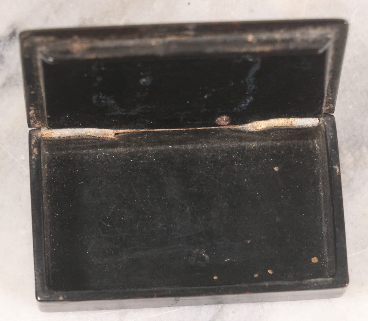 Lot 049 - Antique Papier Mache Snuff Dresser Box With Red Painted Texture, Engraved "John J. Cumminskey, Boston, 1849" And "November 27, 1851"