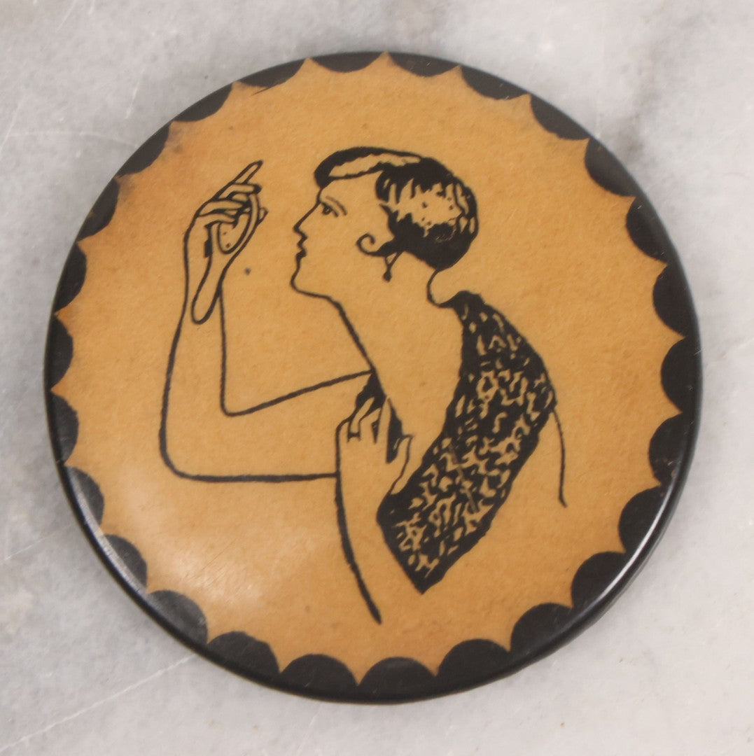 Lot 051 - Antique Risque Pocket Mirror, Flapper Woman Looking In Mirror, Flipped Image Shows Adult Scene, Circa 1920s, 2-1/8" Diameter