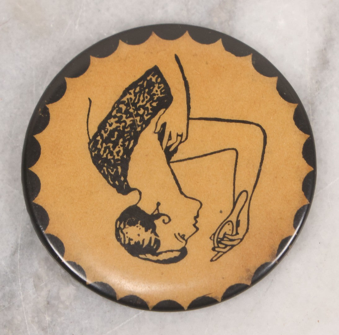 Lot 051 - Antique Risque Pocket Mirror, Flapper Woman Looking In Mirror, Flipped Image Shows Adult Scene, Circa 1920s, 2-1/8" Diameter