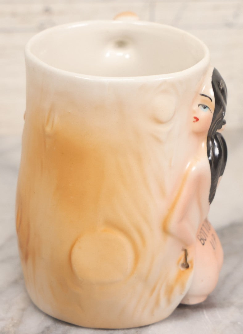 Lot 052 - Vintage Novelty Ceramic Gag Mug, "Bottoms Up" With Hinged Booty, Black Haired Woman, Made In Japan, 4-1/4" Height
