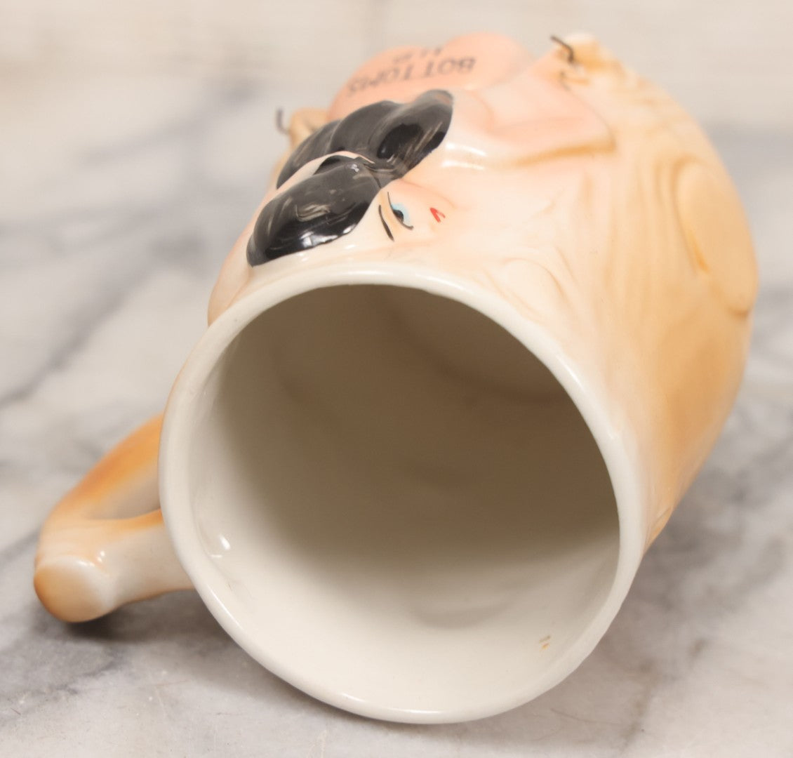 Lot 052 - Vintage Novelty Ceramic Gag Mug, "Bottoms Up" With Hinged Booty, Black Haired Woman, Made In Japan, 4-1/4" Height