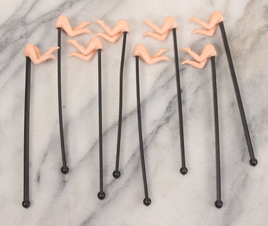 Lot 053 - Grouping Of Eight Vintage Risque "Bottoms Up" Cocktail Stirrers With Women's Behind, Legs At Top Of Stirrer, Made In Hong Kong, Circa 1980s, 6-1/8" Length Each